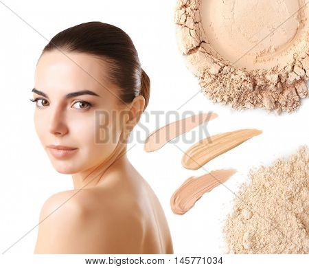 Beautiful young woman with makeup products samples on white background. Beauty treatment concept.