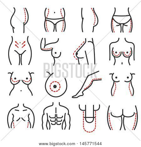 Plastic body cosmetic surgery vector line icons set. Breast augmentation and correction of penis illustration