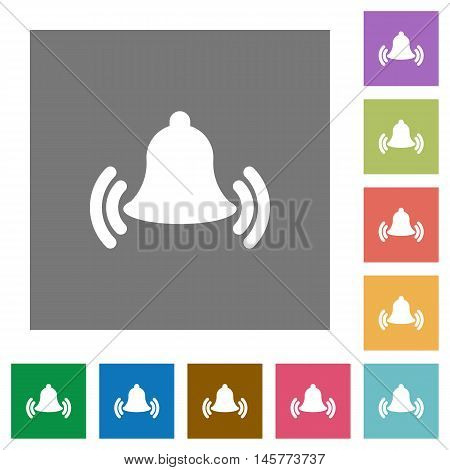Ringing bell flat icon set on color square background.
