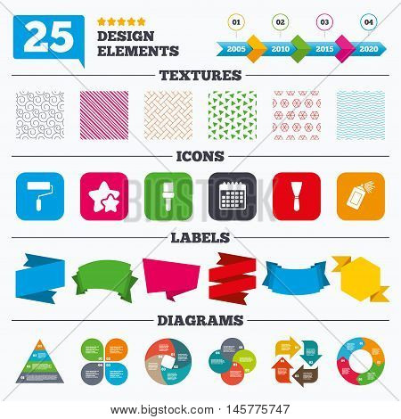 Offer sale tags, textures and charts. Paint roller, brush icons. Spray can and Spatula signs. Wall repair tool and painting symbol. Sale price tags. Vector