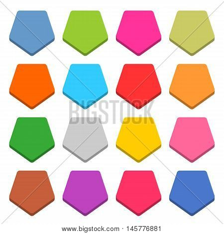 16 blank icon in flat style. Pentagon 3D button on white background. Blue red yellow gray green pink orange brown violet colors. Vector illustration web internet design element in 8 eps