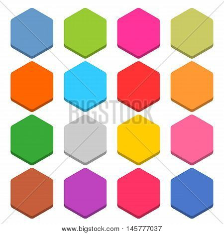 16 blank icon in flat style. Hexagon 3D button on white background. Blue red yellow gray green pink orange brown violet colors. Vector illustration web internet design element in 8 eps