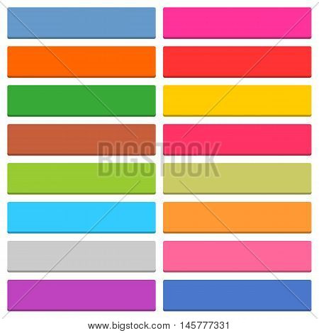 16 blank icon in flat style. Rounded rectangle 3D button on white background. Blue red yellow green pink orange brown violet colors. Vector illustration web design element in 8 eps