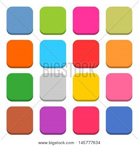 16 blank icon in flat style. Rounded square 3D button on white background. Blue red yellow gray green pink orange brown violet colors. Vector illustration web internet design element in 8 eps