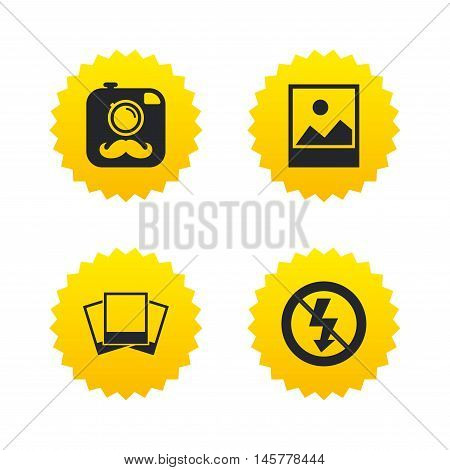 Hipster retro photo camera with mustache icon. No flash light symbol. Landscape photo frame. Yellow stars labels with flat icons. Vector