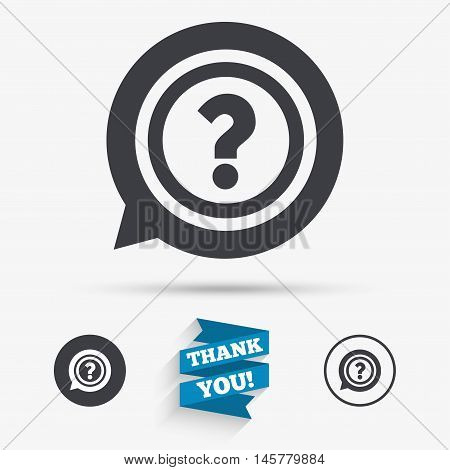 Question mark sign icon. Help speech bubble symbol. FAQ sign. Flat icons. Buttons with icons. Thank you ribbon. Vector