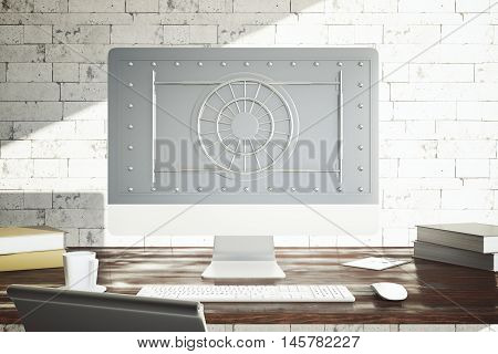 Creative workplace with coffee cup other items and abstract bank vault on computer screen. Online banking concept. 3D Rendering