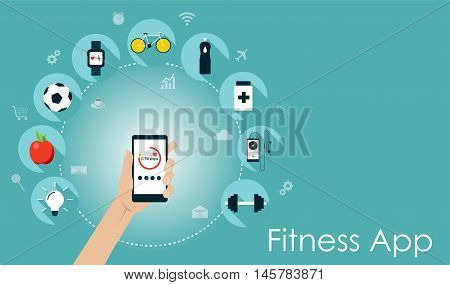 Smart phone with healthy lifesyle icons. Fitness app flat vector illustration