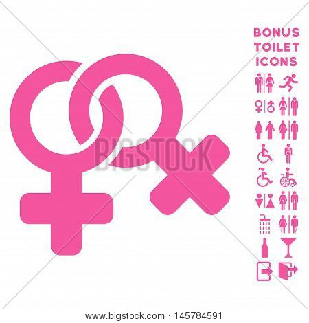 Lesbi Symbol icon and bonus man and lady WC symbols. Vector illustration style is flat iconic symbols, pink color, white background.
