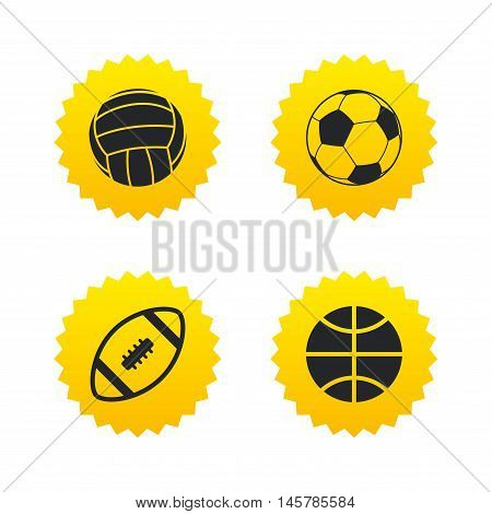 Sport balls icons. Volleyball, Basketball, Soccer and American football signs. Team sport games. Yellow stars labels with flat icons. Vector