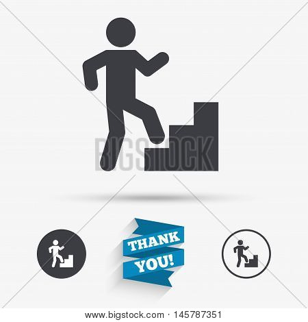 Upstairs icon. Human walking on ladder sign. Flat icons. Buttons with icons. Thank you ribbon. Vector