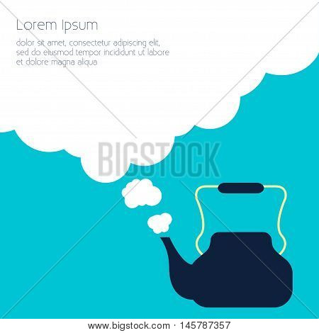Kettle steam Vector illustration Old blue kettle releases steam Flat design