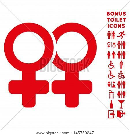 Lesbi Pair icon and bonus gentleman and lady toilet symbols. Vector illustration style is flat iconic symbols, red color, white background.