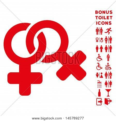 Lesbi Symbol icon and bonus gentleman and woman restroom symbols. Vector illustration style is flat iconic symbols, red color, white background.