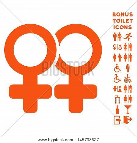 Lesbi Pair icon and bonus gentleman and woman restroom symbols. Vector illustration style is flat iconic symbols, orange color, white background.