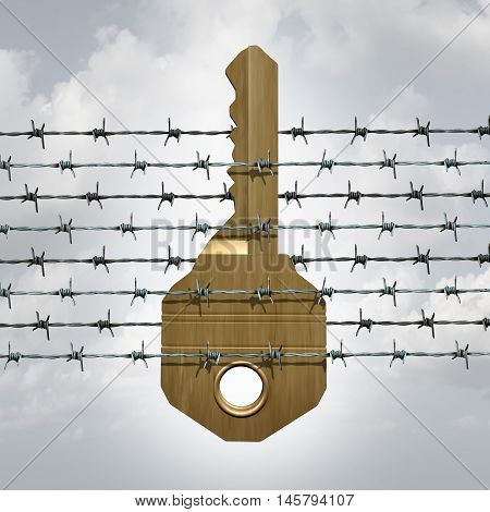 Forbidden access security concept as a key wrapped in a barbed wire fence as a symbol for entrance denied or privacy protection with 3D illustration elements.