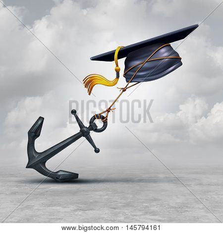 Education problem and learning challenge concept as a mortar cap or graduation hat being held back by a heavy anchor as a educational impairment or school loan burden symbol as a 3D illustration.