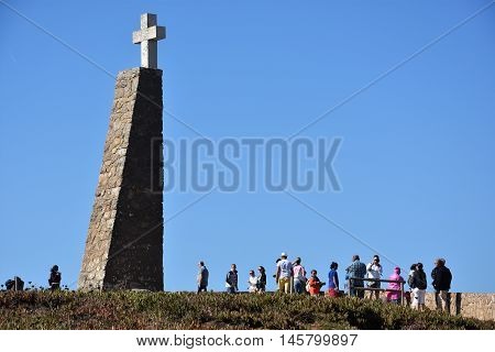 SINTRA, PORTUGAL - AUG 20: Monument declaring Cabo da Roca as the westernmost extent of continental Europe, as seen at Roca Cape near, Sintra, Portugal, on Aug 20, 2016.