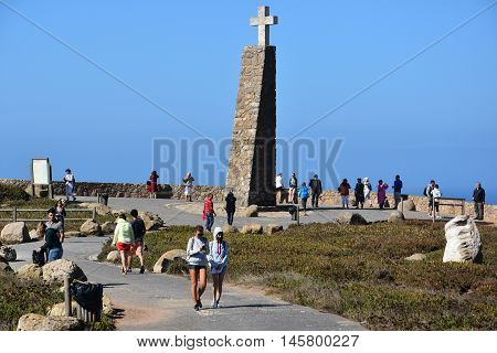 SINTRA, PORTUGAL - AUG 20: Monument declaring Cabo da Roca as the westernmost extent of continental Europe, as seen at Roca Cape near, Sintra, Portugal, on Aug 20, 2016.
