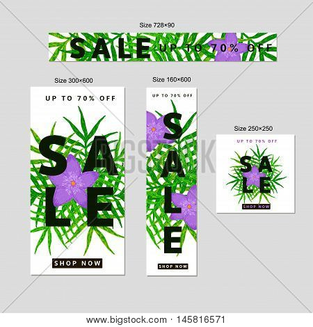 Sale web banners set with green leaves and purple flower. Templates for tag card poster