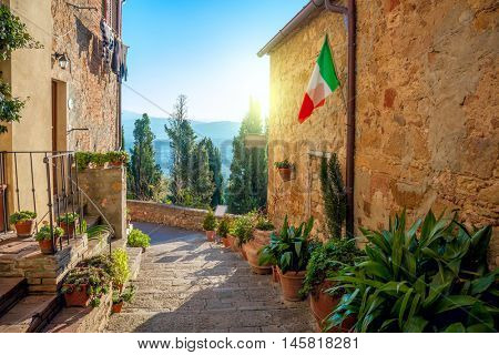 Small Old Mediterranean town - lovely Tuscan street in Pienza, Italy