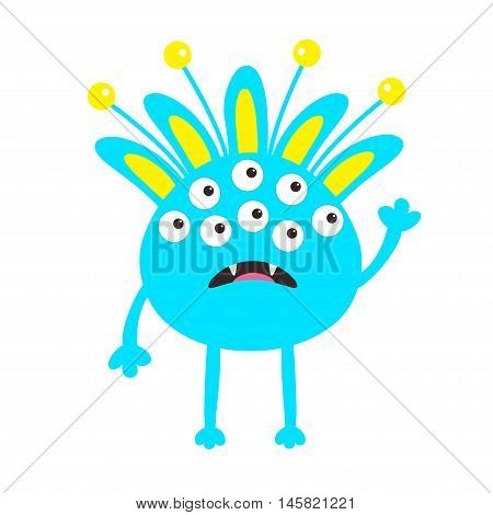 Blue monster with ears fang tooth and horns. Funny Cute cartoon character. Baby collection. Isolated. Happy Halloween card. Flat design. White background. Vector illustration