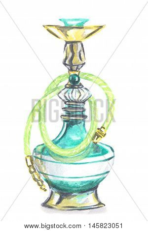 Watercolor colorful hookah. Eastern exotic smoking pipe with turkish ornament. Beautiful art for decoration.