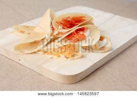 Thai Pancake It Is Delicious Snacks On Wood Background , Kind Of Thai Sweetmeat Or Kanom Buang - Tha