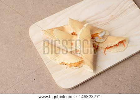 Thai Pancake It Is Delicious Snacks On Wood Background , Kind Of Thai Sweetmeat Or Kanom Buang - Tha
