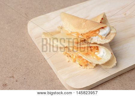 Thai Pancake It Is Delicious Snacks On Wood Background , Kind Of Thai Sweetmeat Or Kanom Buang - Tha