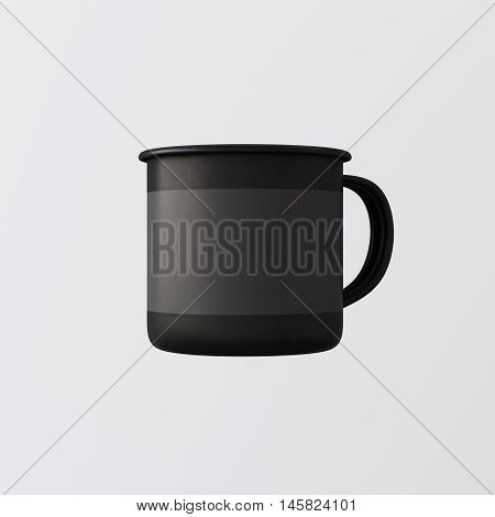 One Blank Black Color Metal Coffee Mug Isolated Empty Background. Clean Matte Enamel Cup Mockup Ready Corporate Design Message.Vintage Style.Horizontal Studio Shooting Side View. 3d rendering