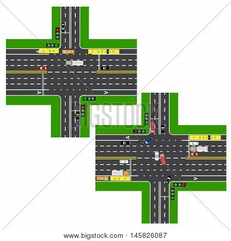 Junction Highway. roads, streets. The movement is regulated by traffic lights. Images of various cars, lanes for public transport. View from above. Vector illustration
