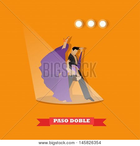 Couple dancing paso doble concept vector poster. People in beautiful dress dance on a stage.
