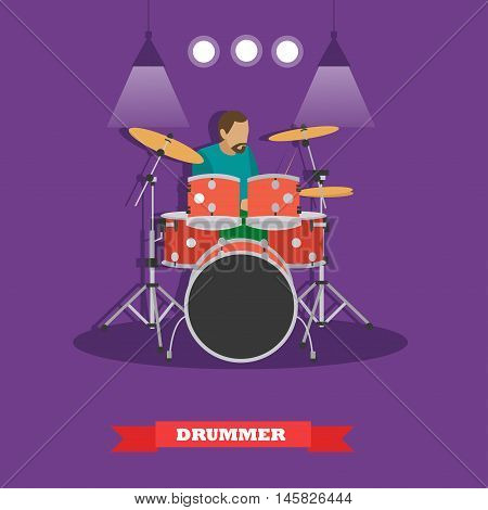Drummer musician playing drums. Vector illustration in flat style design.
