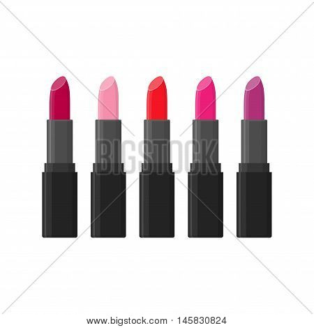 Makeup beauty vector lipstick tube set isolated on white background. Accessory colorful lipstick glossy fashion and cosmetic care in flat style.