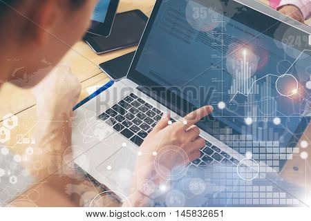 Woman Working Modern Desktop Notebook Wood Table Concept.Account Manager Researching Process.Business Team Startup Croworking People Sharing Office.Global Strategy Virtual Icon Graph Interface.Closeup