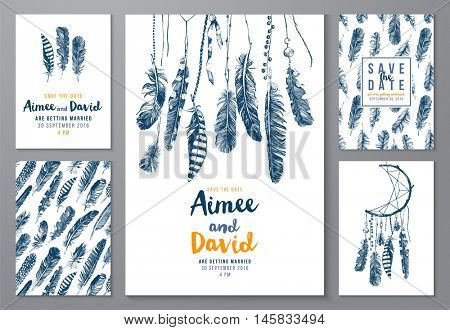 5 save the date posters with hand drawn feathers