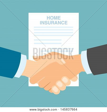 Home insurance handshake. Protection from destraction, fraud and risks. Making agreement and contract.