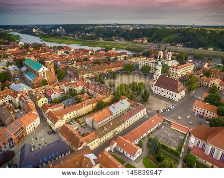 Kaunas, Lithuania: aerial UAV top view of Old Town
