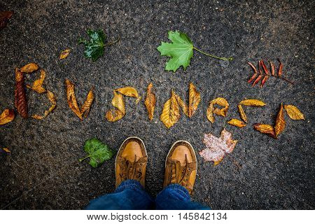 Word business lined with fallen leaves on wet asphalt