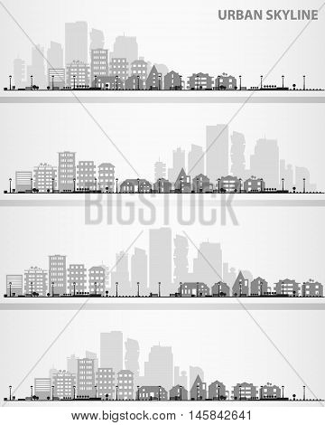 Cityscape sets with various parts of a city. Small towns or suburbs and downtown silhouettes. Illustration divided on layers for create parallax effect