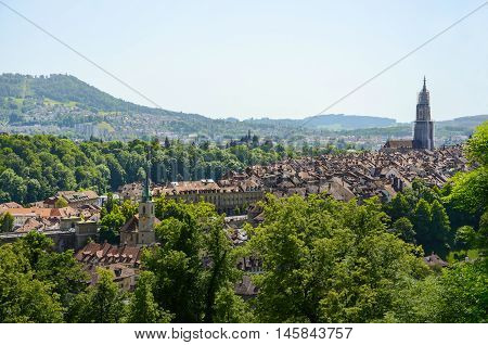 A cityscape view with Bern Cathedral, Switzerland