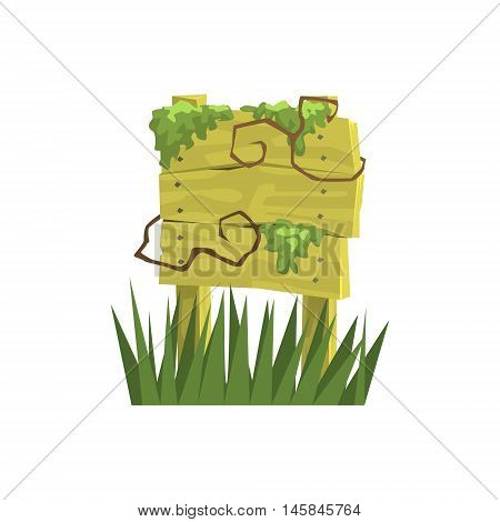 Old Wooden Sign Covered In Vegetation Jungle Landscape Element. Simple Tropical Forest Object Illustration Isolated On White Background.