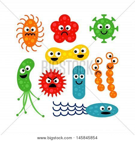 Set of cute funny bacterias, germs in flat cartoon style isolated on white background. Good and bad microbes. Art vector illustration.