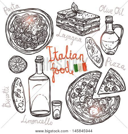 Pizza, Pasta, Lasagna, Olive Oil In Sketch Style. Italian Hand Drawn Food Collection