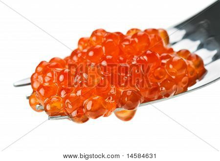 Heap caviale rosso salmone sulla forcella in metallo