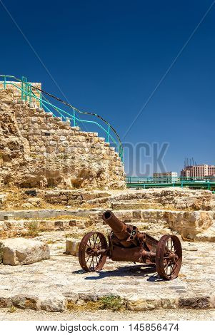 Cannon at Kerak Castle, a large crusader fortress in Jordan