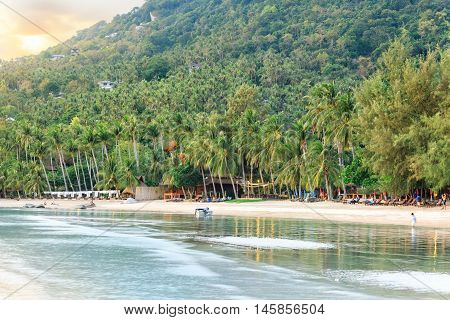Sunset at Sairee beach with palmgrove during low tide