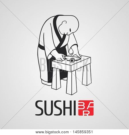 Sushi vector template logo, icon, emblem. Nonstandard design element, illustration with chef cooking at the kitchen for sushi bar, Japanese or seafood restaurant menu