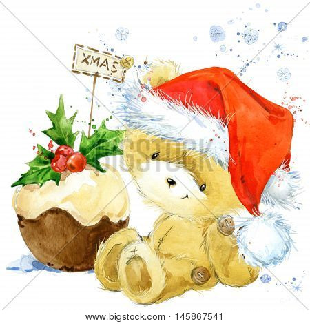 Christmas Card with Christmas cake. Watercolor Christmas cake illustration. Background for New Year invitation card.